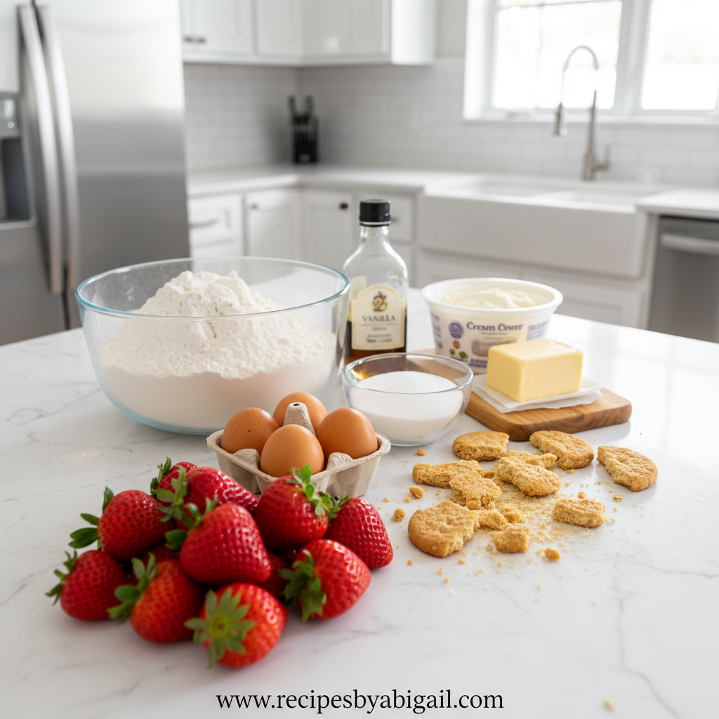 Ingredients for strawberry crunch cake including flour, sugar, strawberries and cookies