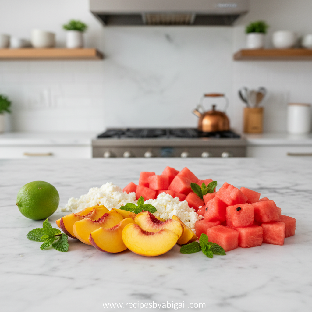 Easy Peach Watermelon Salad - Refreshing Summer Fruit Mix Recipe 2 Fresh ingredients for peach watermelon salad including peaches, watermelon, mint, and lime