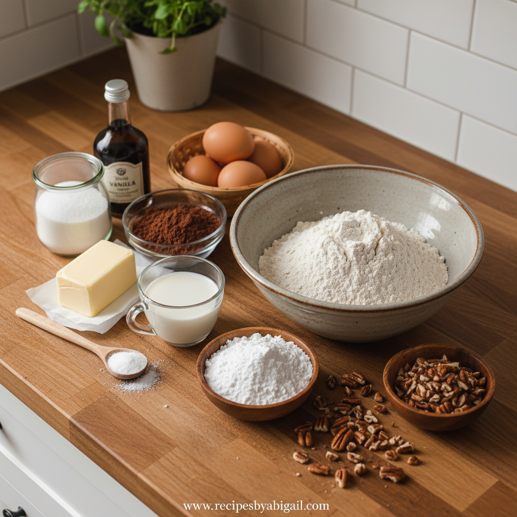 Easy Texas Sheet Cake Recipe with Rich Fudgy Icing - Simple Chocolate Dessert 2 Ingredients for Texas sheet cake including flour, cocoa powder, sugar, and butter