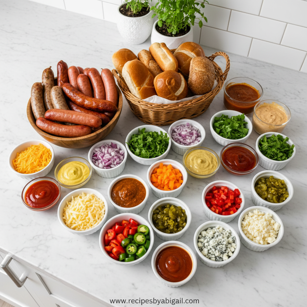 Assorted hot dog toppings and ingredients for customization