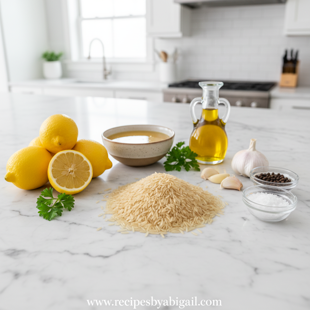 Ingredients for Greek lemon rice including rice, lemons, herbs and spices