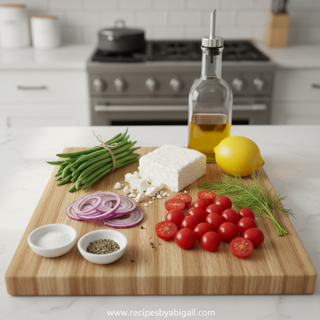Fresh Green Bean Feta Salad Recipe - 5 Easy Healthy Steps 2 Fresh ingredients for green bean feta salad including green beans, feta cheese, and vegetables