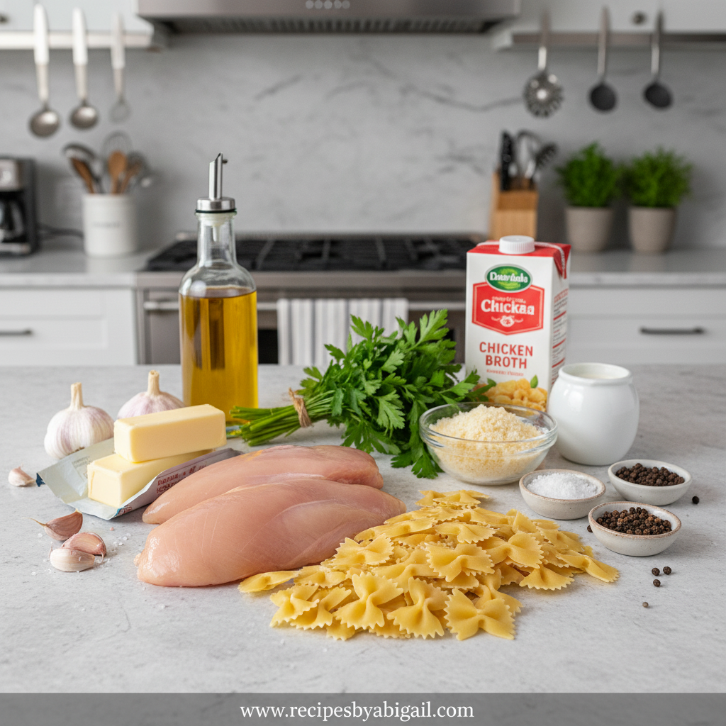 Ultimate Garlic Butter Chicken Pasta: Easy One-Pan Bowtie Pasta Dinner 2 Ingredients for garlic butter chicken pasta including chicken, bowtie pasta, garlic, butter, and seasonings