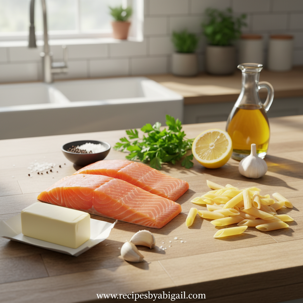 Ultimate Garlic Butter Salmon Pasta: Easy One-Pan Seafood Dinner 2 Ingredients for garlic butter salmon pasta including salmon, pasta, garlic, butter, and herbs