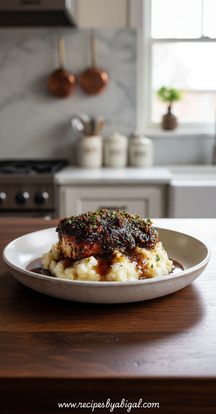 Garlic Herb Glazed Chicken Breast with Creamy Mashed Potatoes & Pan Sauce 1 Golden brown garlic herb glazed chicken breast served over creamy mashed potatoes with rich pan sauce