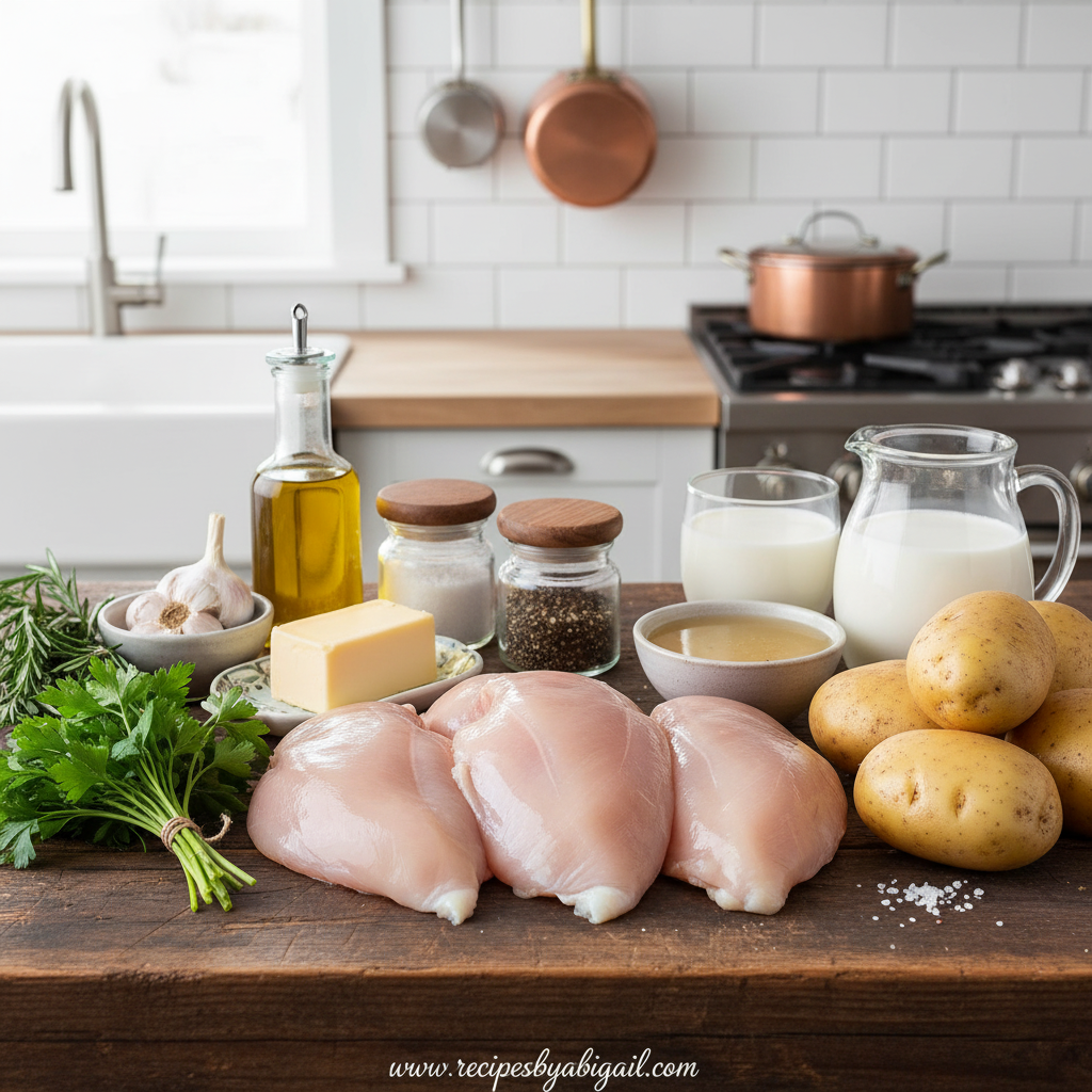 Garlic Herb Glazed Chicken Breast with Creamy Mashed Potatoes & Pan Sauce 2 Fresh ingredients for garlic herb chicken and mashed potatoes