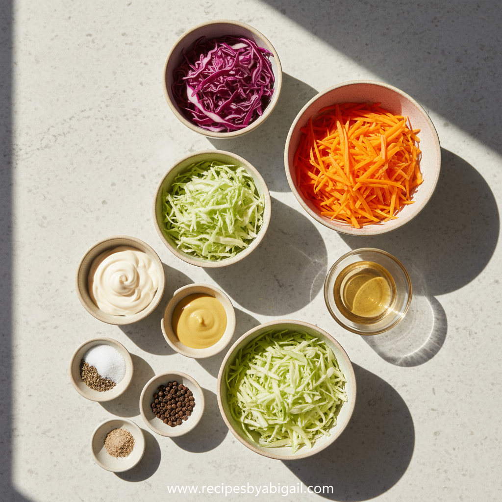 Fresh coleslaw ingredients including cabbage, carrots, mayonnaise, and herbs