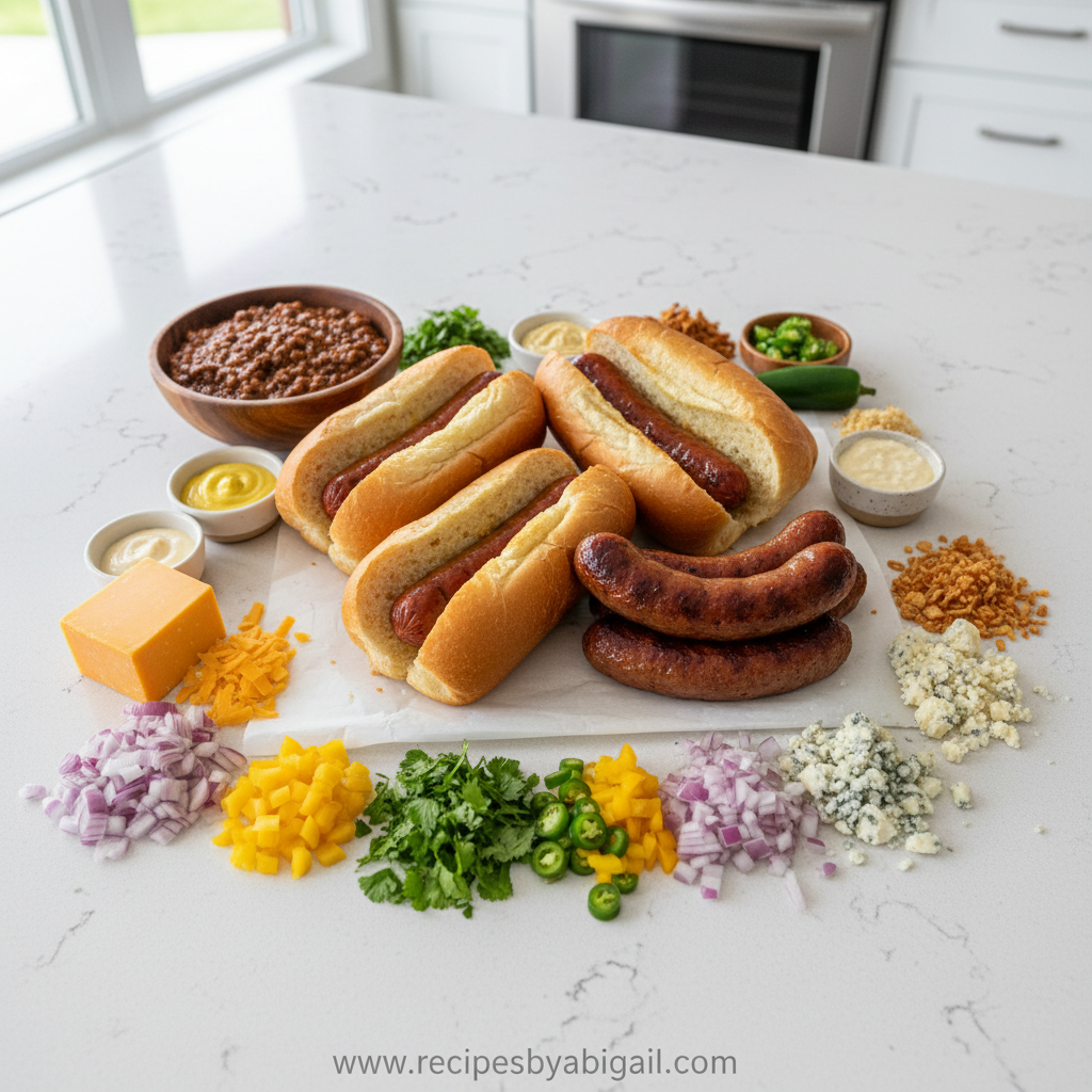 Gourmet Hot Dogs: Creative Toppings & Fancy Recipes for Elevated Entertaining 2 Assorted gourmet hot dog ingredients and toppings