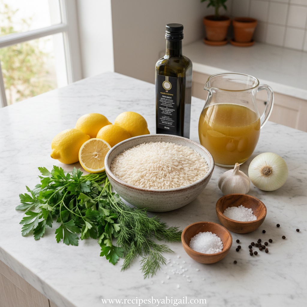 Ingredients for Greek lemon rice including rice, lemons, herbs and olive oil