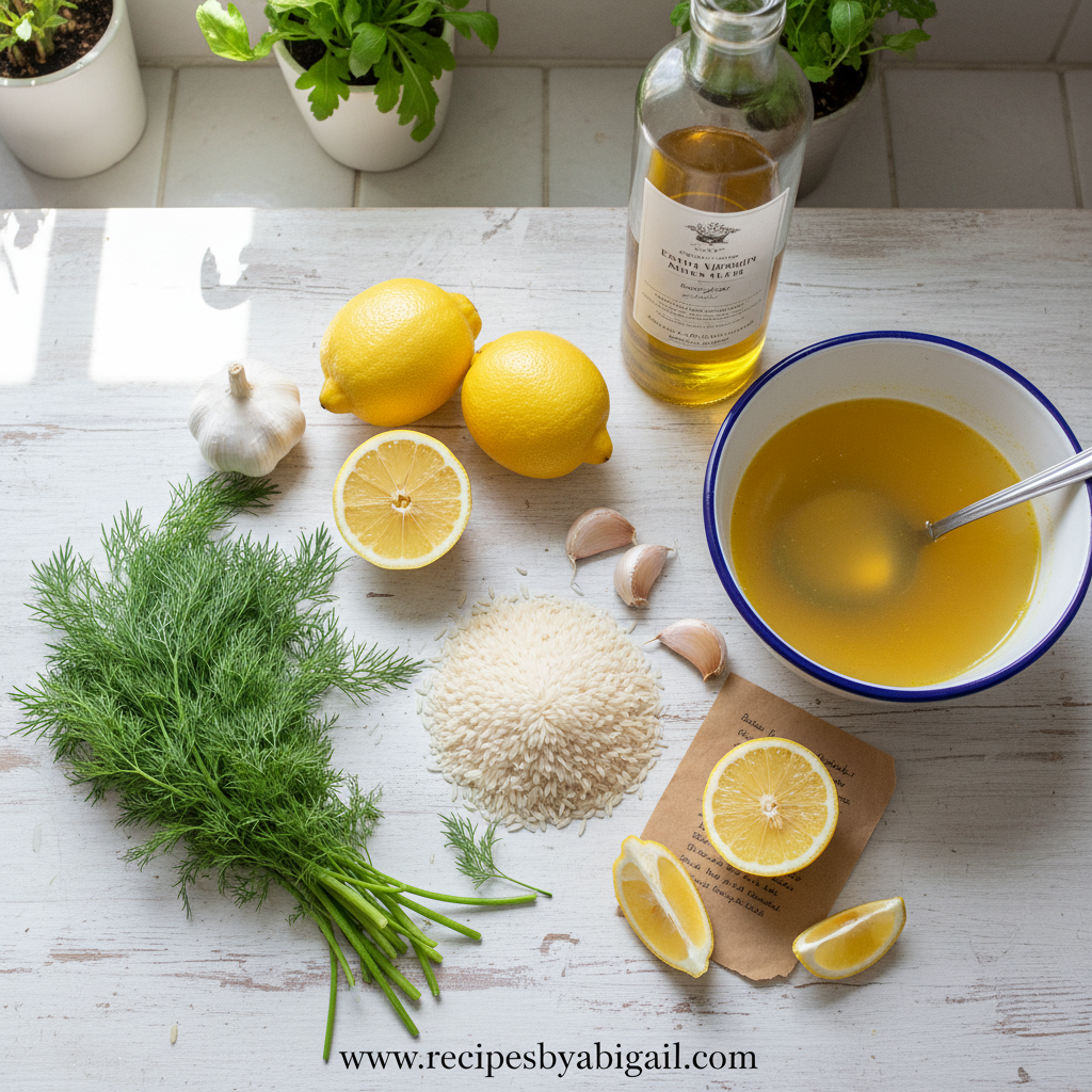 Fresh ingredients for Greek lemon rice including lemons, rice, and herbs