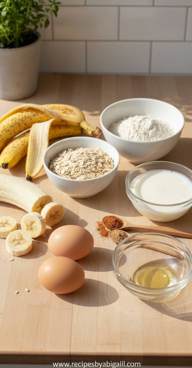 Healthy Banana Oatmeal Muffins: Egg-Free Breakfast Meal Prep Perfect for Work 2 All ingredients for banana oatmeal muffins laid out on a counter including bananas, oats, baking ingredients, and cinnamon