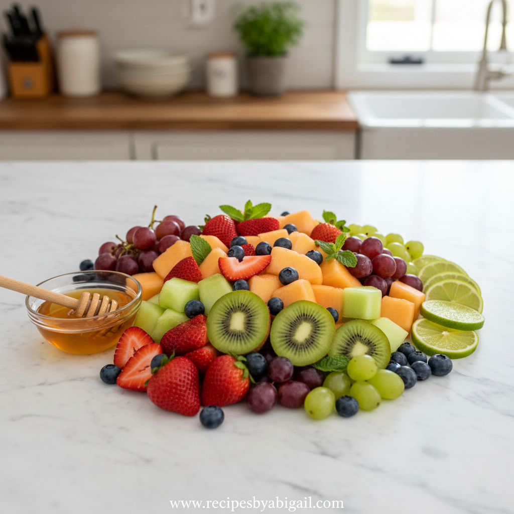 Heavenly Honey Lime Fruit Salad - Refreshing Summer Treat 2 Fresh fruits and ingredients for honey lime fruit salad