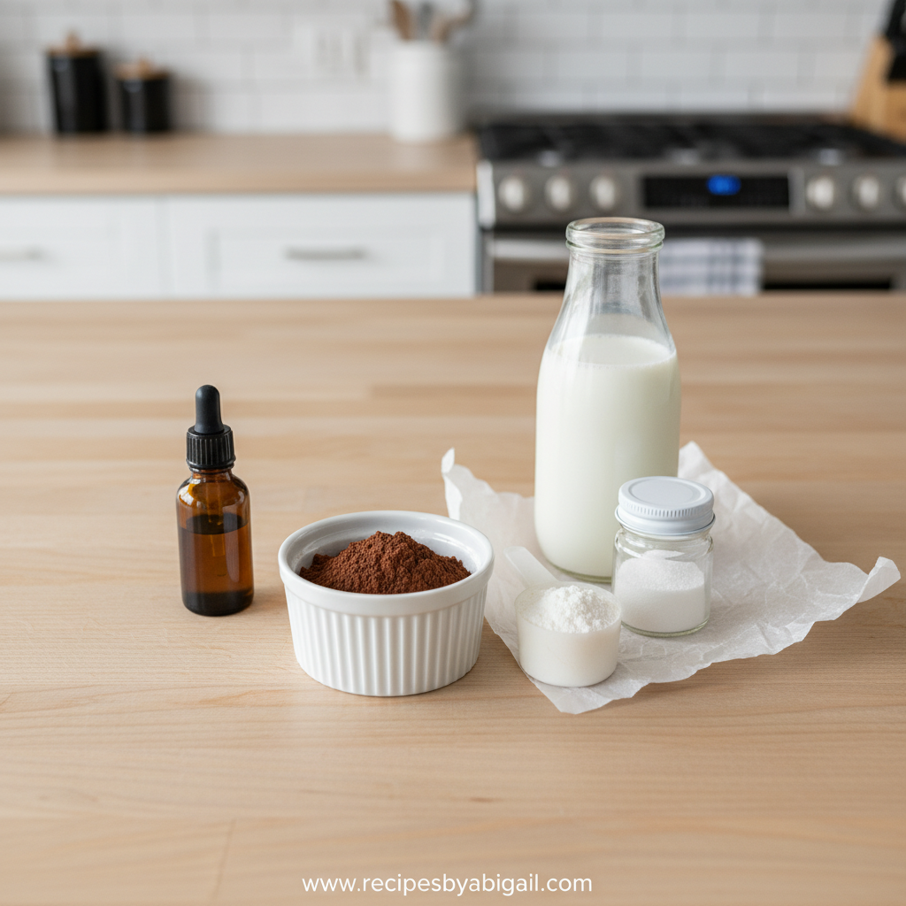 Ingredients for high protein chocolate pudding including protein powder, milk, cocoa powder