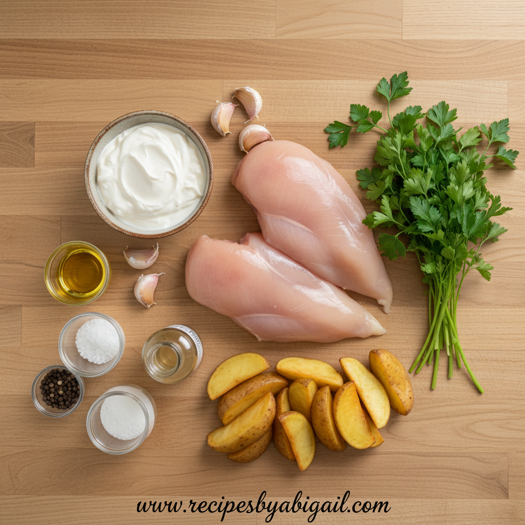 High Protein Creamy Garlic Chicken with Crispy Roasted Potatoes - Ultimate Balanced Dinner 2 Ingredients for creamy garlic chicken and crispy potatoes