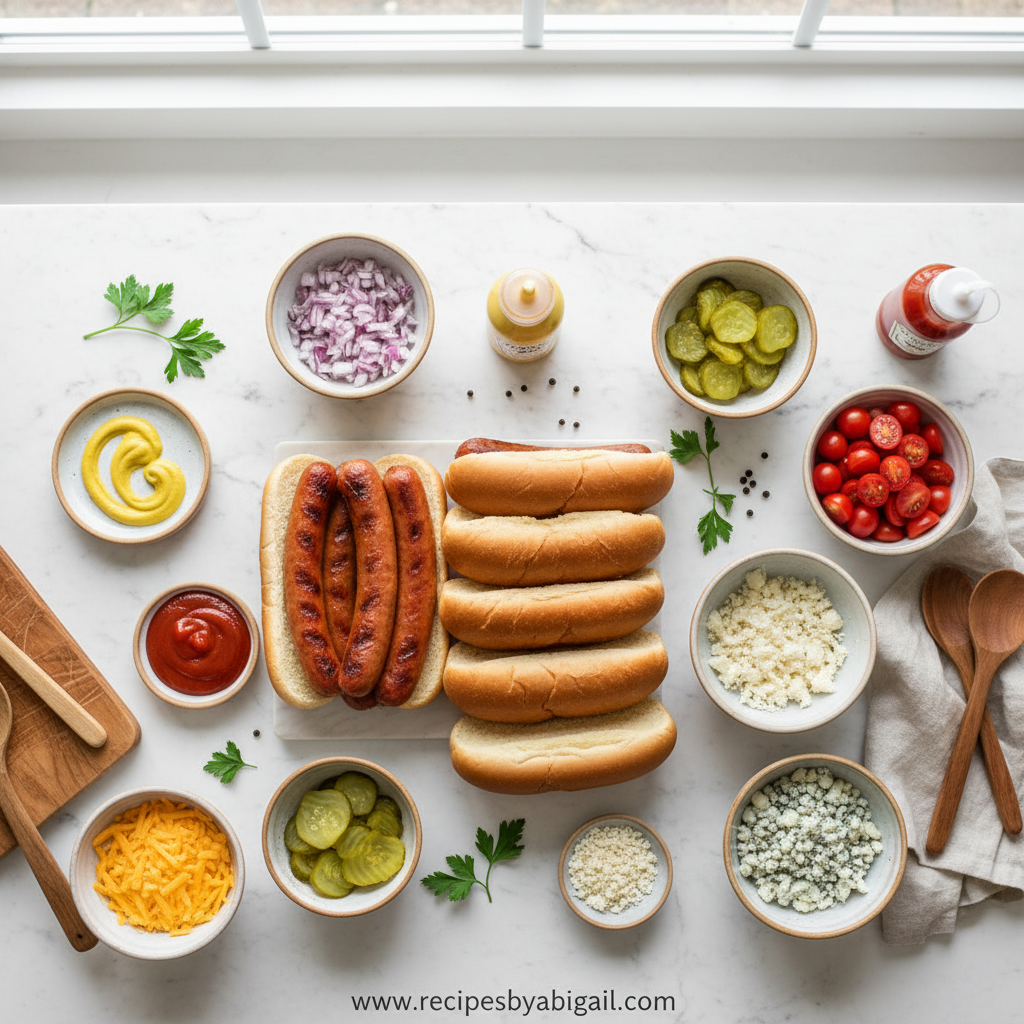 Assorted hot dog bar ingredients including beef sausages, buns, and colorful toppings