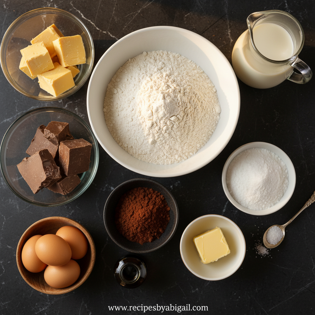 Ingredients for chocolate sheet cake including flour, cocoa powder, sugar, and eggs