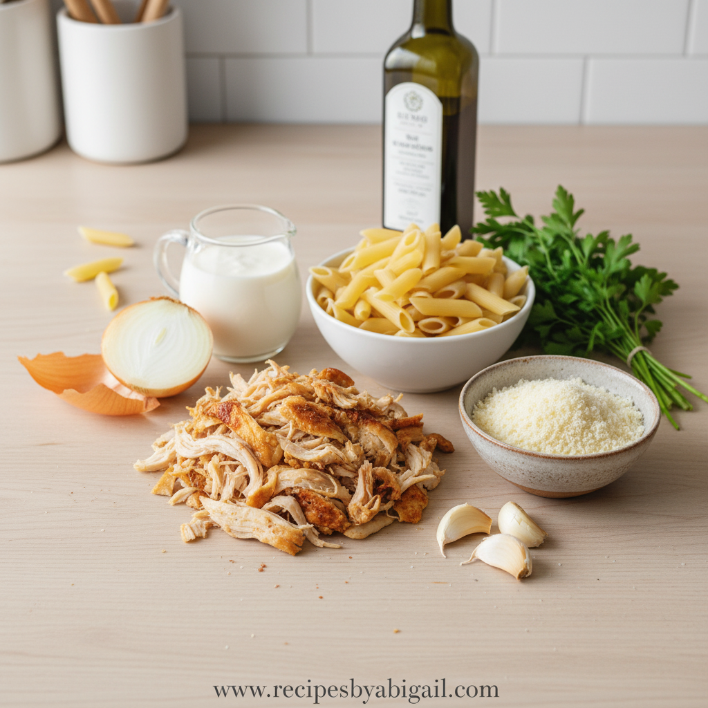 Ultimate Creamy Rotisserie Chicken Pasta Recipe: Easy 20-Minute One-Pot Dinner 2 Ingredients for creamy chicken pasta laid out on counter