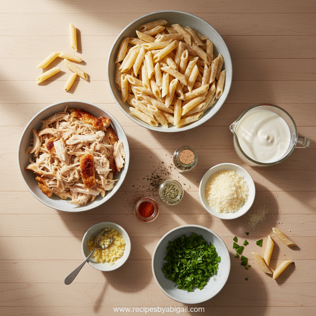 Ingredients for creamy rotisserie chicken pasta including pasta, rotisserie chicken, cream, cheese, and seasonings