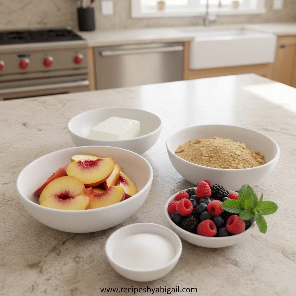 Irresistible Peach Cobbler Cheesecake Salad - No-Bake Summer Dessert 2 Ingredients for peach cobbler cheesecake salad laid out on counter