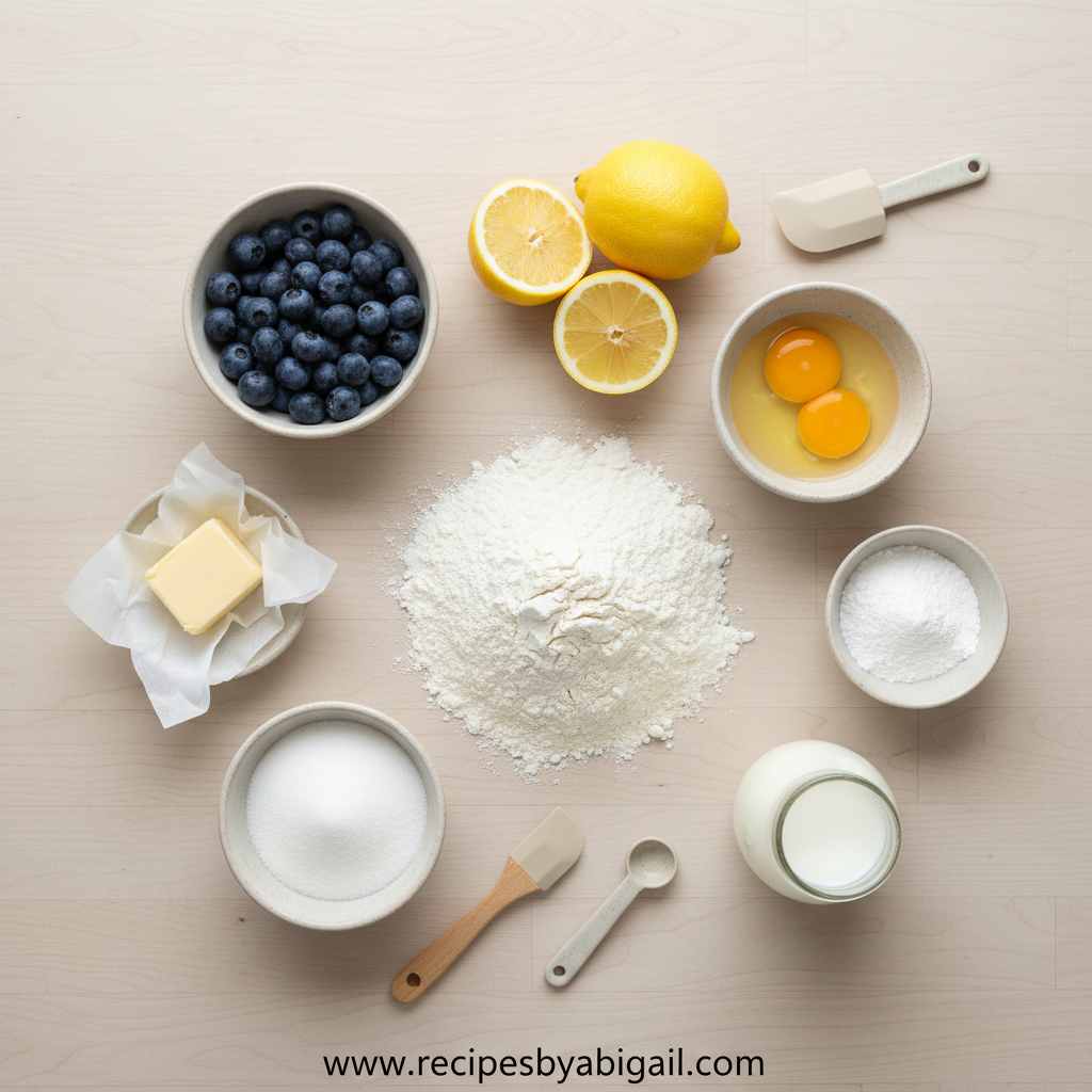 Ingredients for lemon blueberry loaf including flour, sugar, blueberries, and lemons