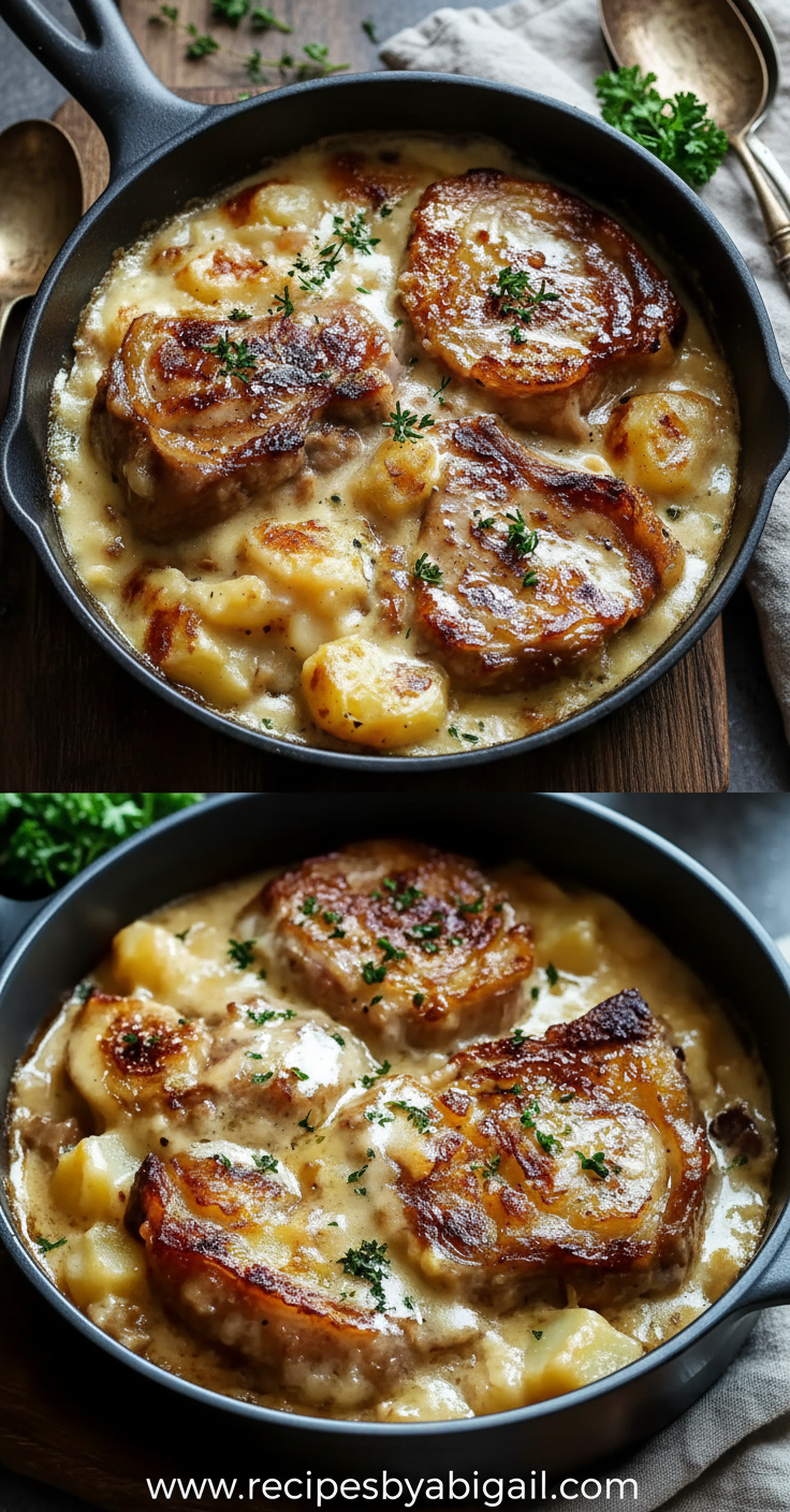 Savory Beef Chop Casserole: Easy One-Pan Potato Bake Dinner 1 Delicious beef and potato casserole with golden cheese topping