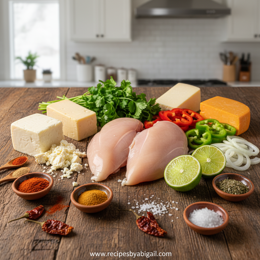Ultimate Mexican Chicken with Creamy Cheese Sauce: Easy One-Pan Dinner Recipe 2 Ingredients for Mexican chicken with cheese sauce including chicken, cheese, and spices