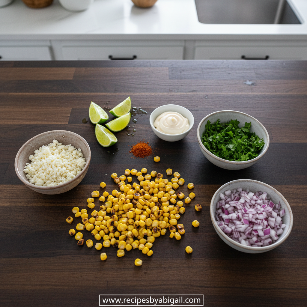 Ultimate Mexican Street Corn Salad - Authentic Esquites Recipe with Chili Lime 2 Fresh ingredients for Mexican corn salad including corn, cotija cheese, and limes
