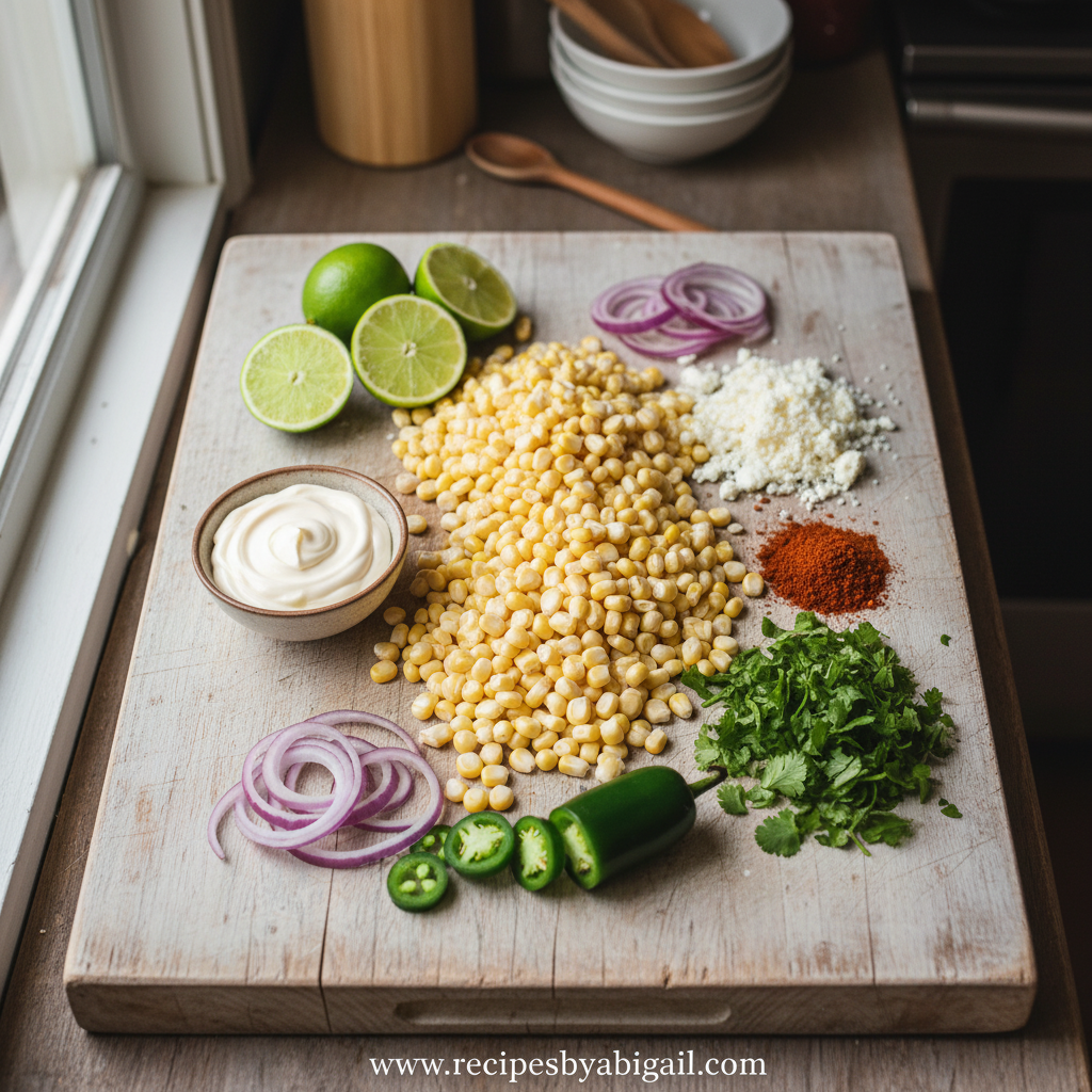 Fresh ingredients for Mexican street corn salad including corn, lime, cilantro, and cotija cheese