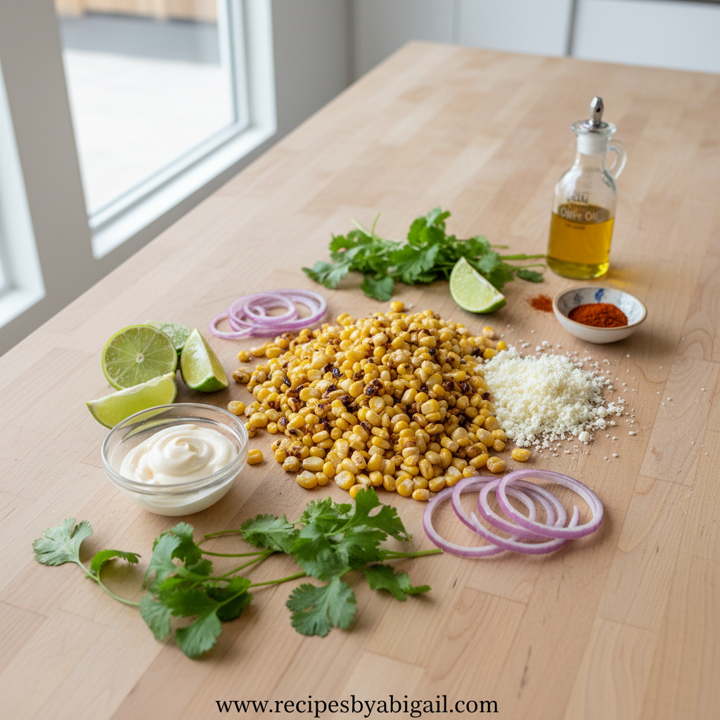Ultimate Mexican Street Corn Salad - Authentic Elotes Style Recipe 2 Fresh ingredients for Mexican street corn salad laid out on counter