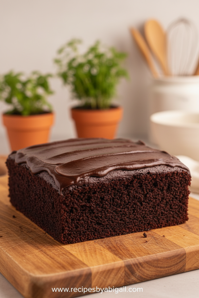 Slice of moist fudgy chocolate cake with rich chocolate frosting