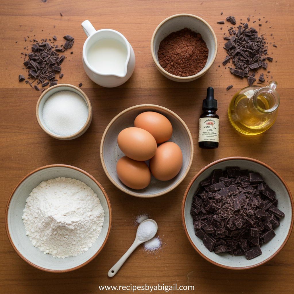 Ingredients for moist chocolate cake including flour, sugar, eggs, cocoa powder