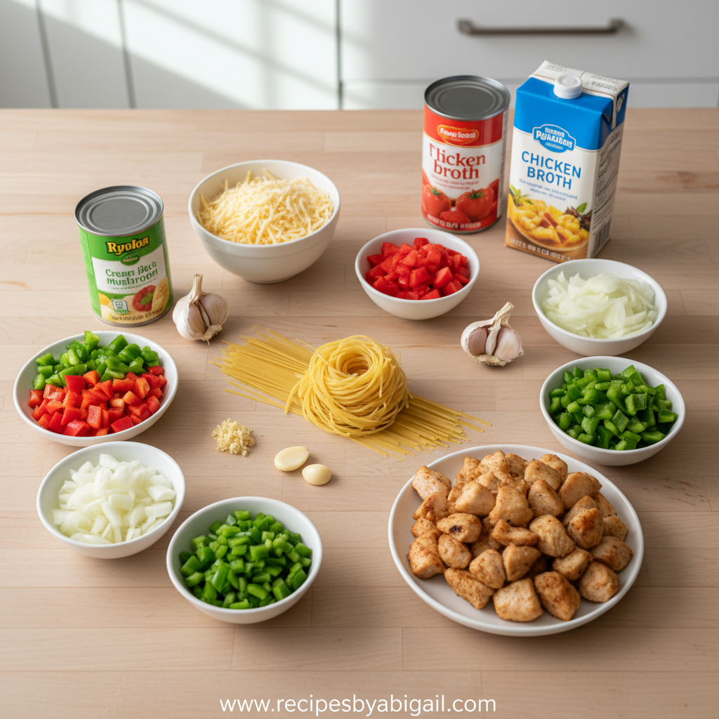 Fresh ingredients for Monterey chicken spaghetti including chicken, pasta, and cheese