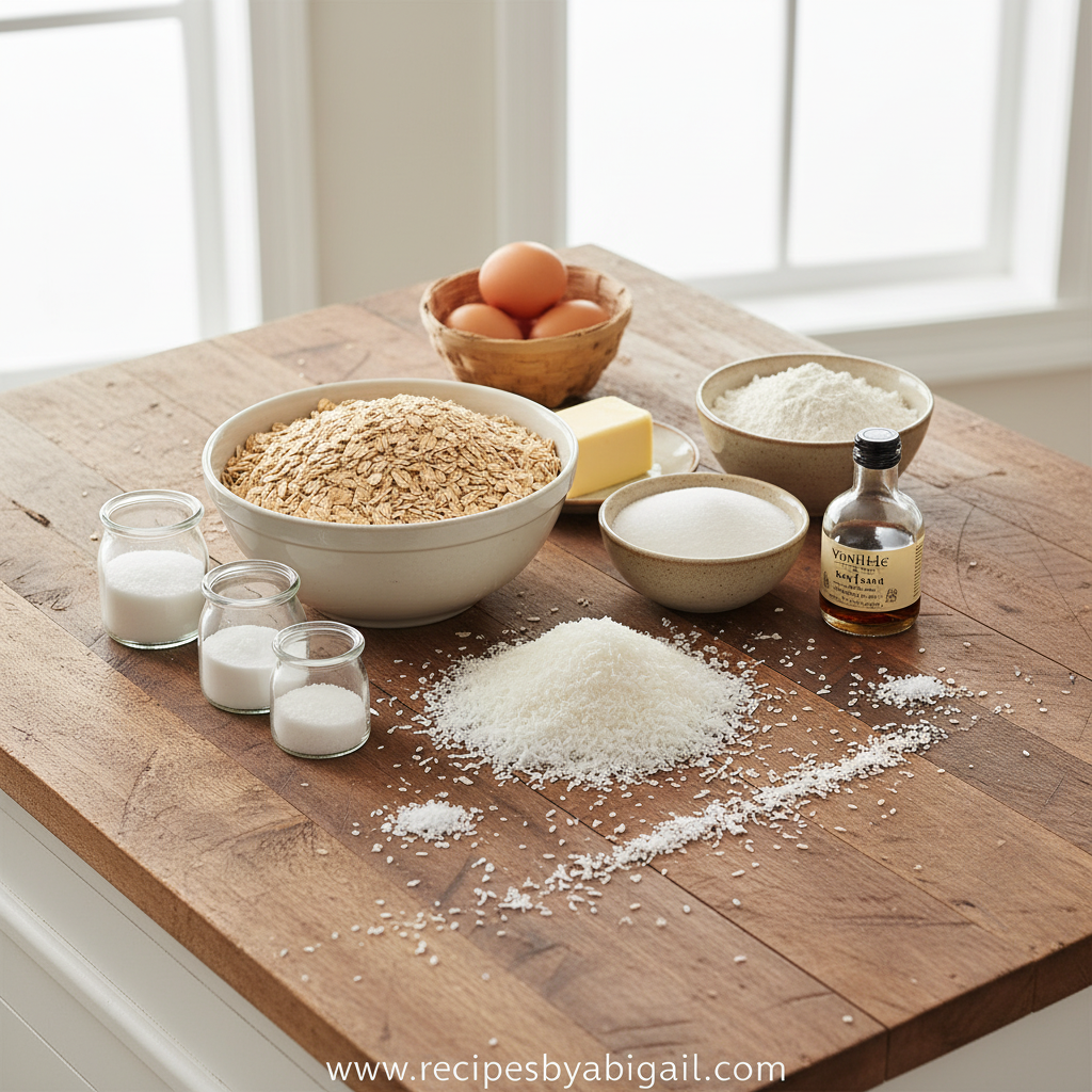 Ingredients for oatmeal coconut cookies including oats, coconut, flour, and butter