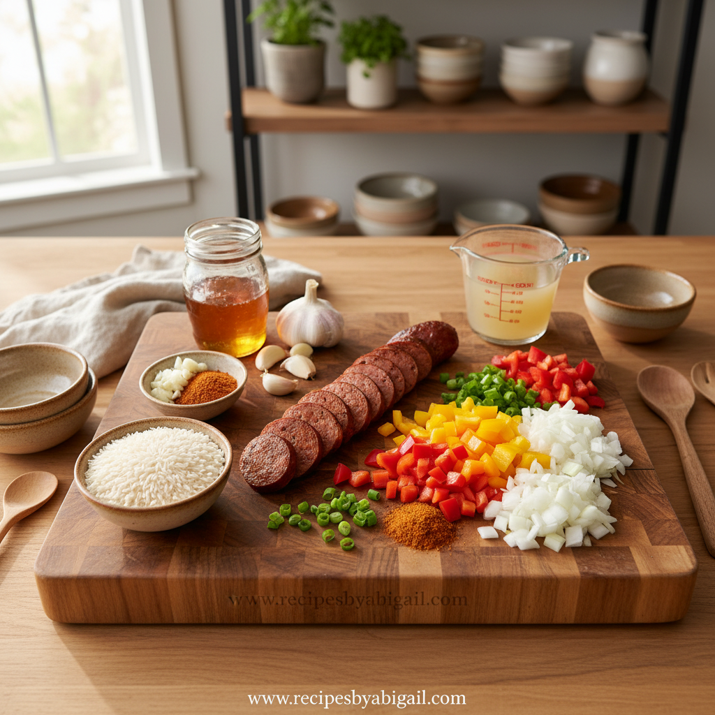 Ingredients for Cajun honey garlic rice with sausage