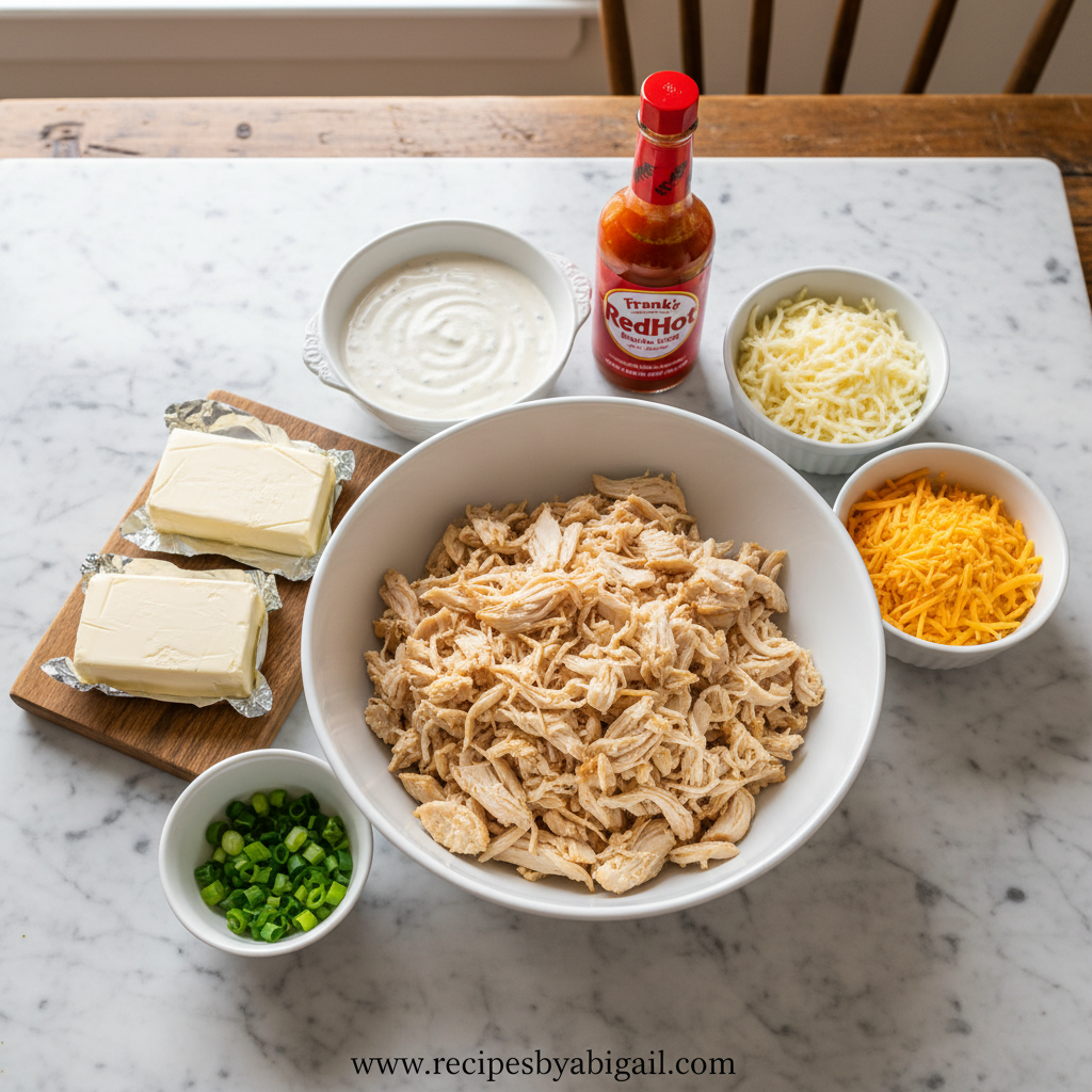 Ultimate Oven Baked Buffalo Chicken Dip: The Creamy Party Favorite 2 Ingredients for buffalo chicken dip including cream cheese, buffalo sauce, cheddar, and chicken