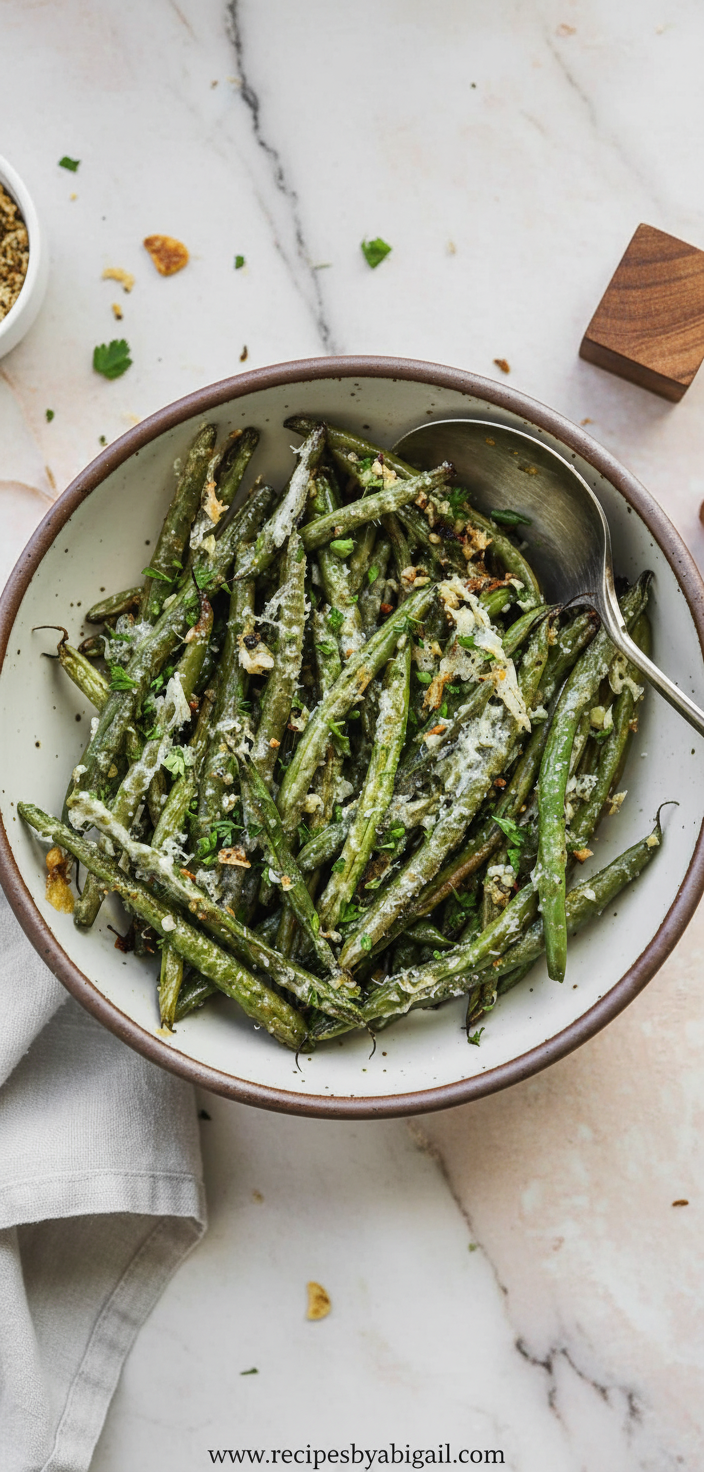 Ultimate Garlic Parmesan Roasted Green Beans - Crispy Oven-Baked Side Dish 1 Crispy garlic parmesan roasted green beans in baking sheet