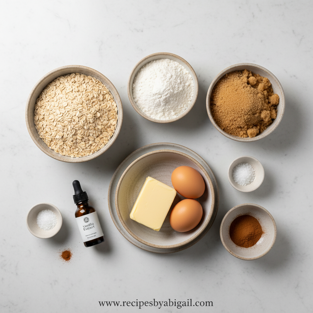 Oatmeal cookie ingredients including oats, flour, butter, and spices