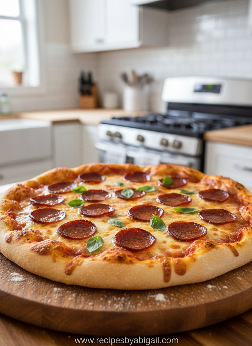 Homemade beef pepperoni pizza fresh out of the oven