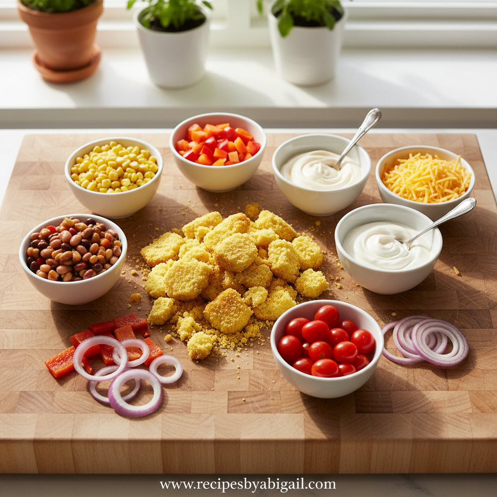 Ingredients for cornbread salad arranged on counter
