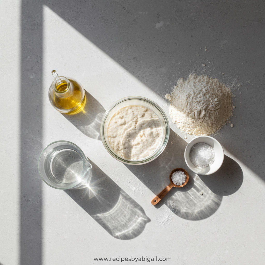 Sourdough pizza dough ingredients including flour, starter, olive oil, and salt
