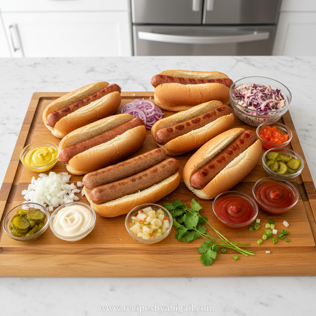 Fresh ingredients for making various hot dog styles