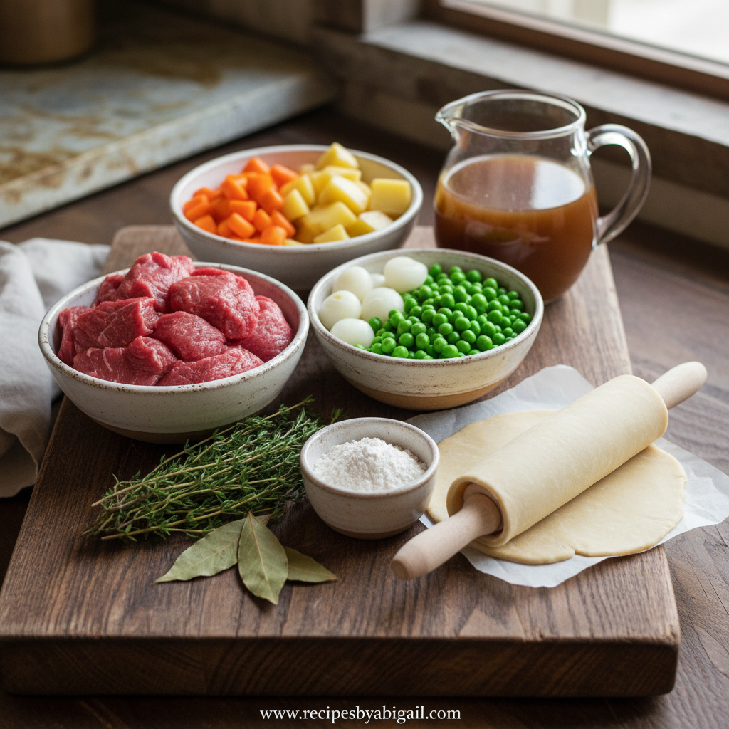 Ultimate Savory Beef Stew Pot Pie - Rich Hearty Comfort Food Recipe 2 Ingredients for beef stew pot pie including beef, vegetables, and pastry