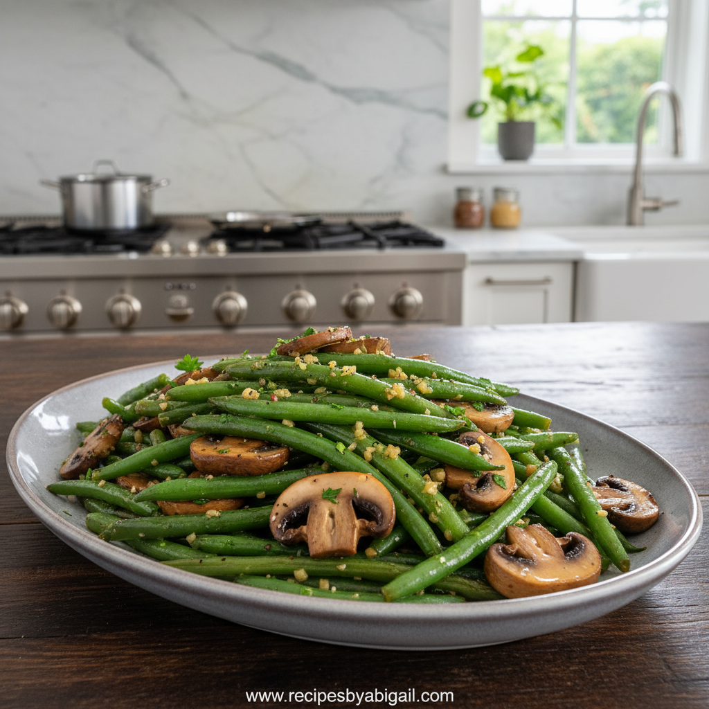 Savory garlic butter green beans and mushrooms in a skillet