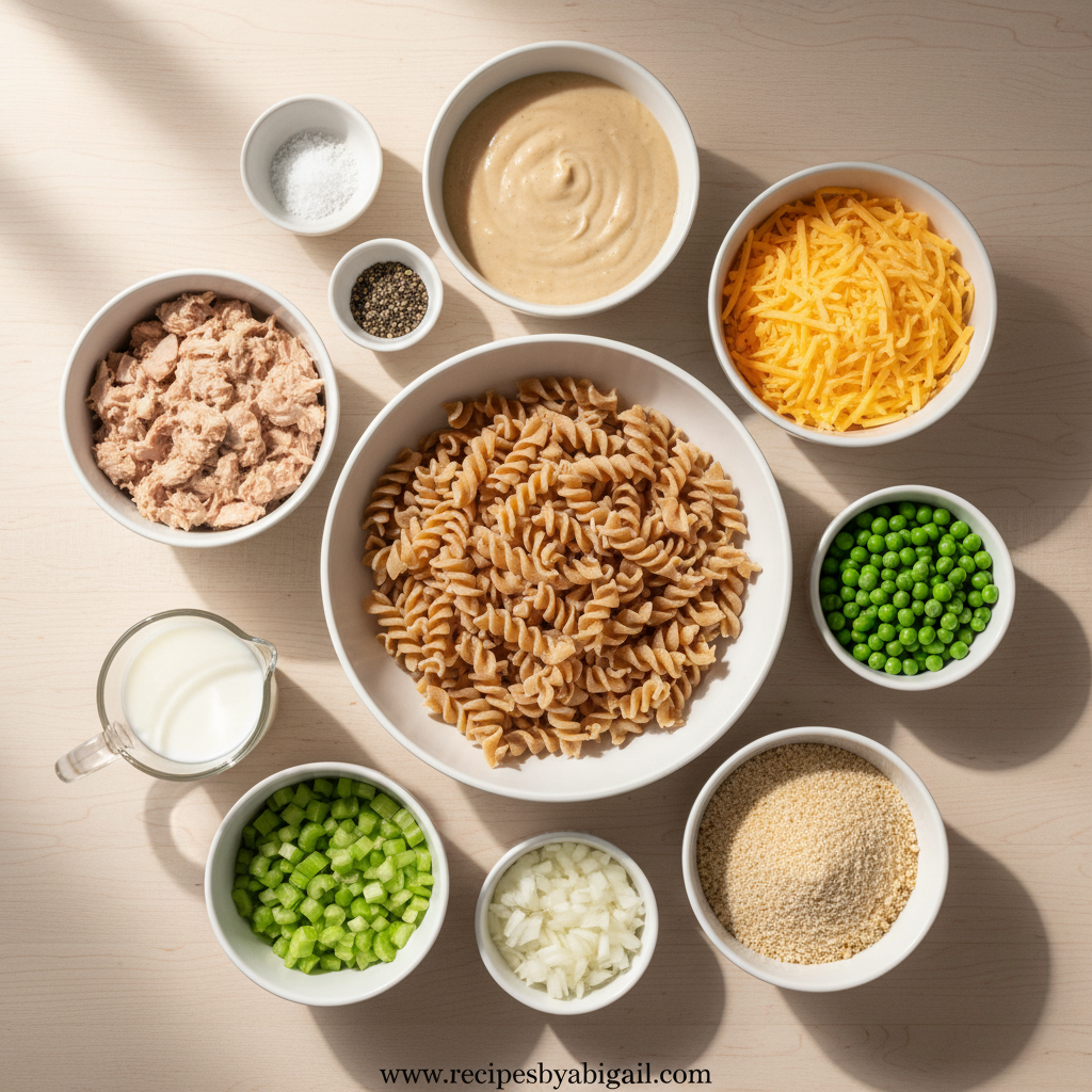 Ingredients for healthy tuna casserole including tuna, Greek yogurt, whole wheat pasta, and fresh vegetables