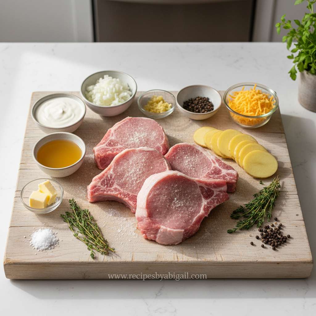 Ingredients for beef chop and scalloped potato casserole