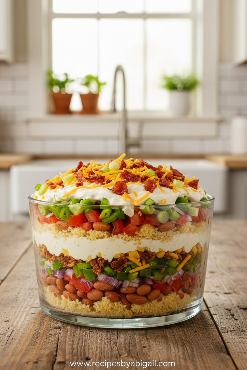 Southern Cornbread Salad Recipe - Classic Layered Side Dish for Potlucks 1 Colorful layered Southern cornbread salad in a glass bowl