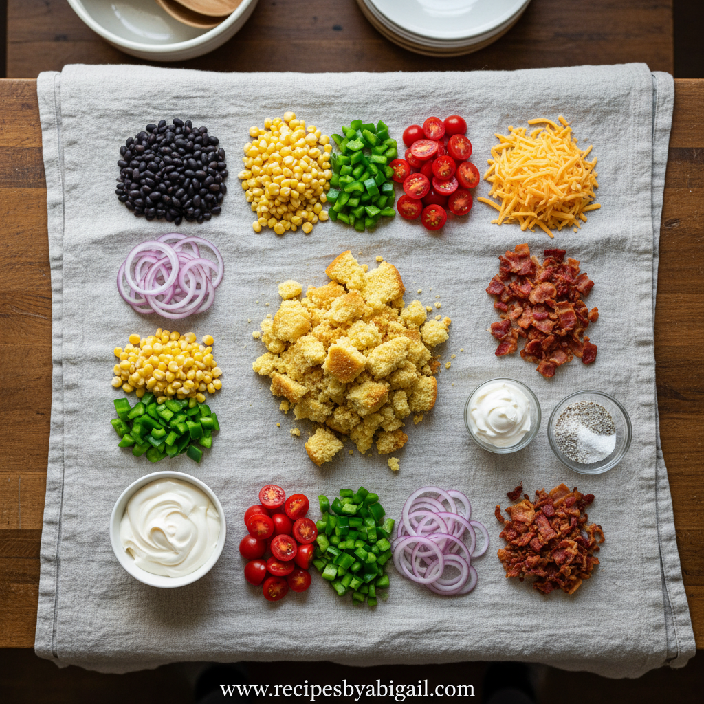 Southern Cornbread Salad Recipe - Classic Layered Side Dish for Potlucks 2 Fresh ingredients for Southern cornbread salad arranged on counter