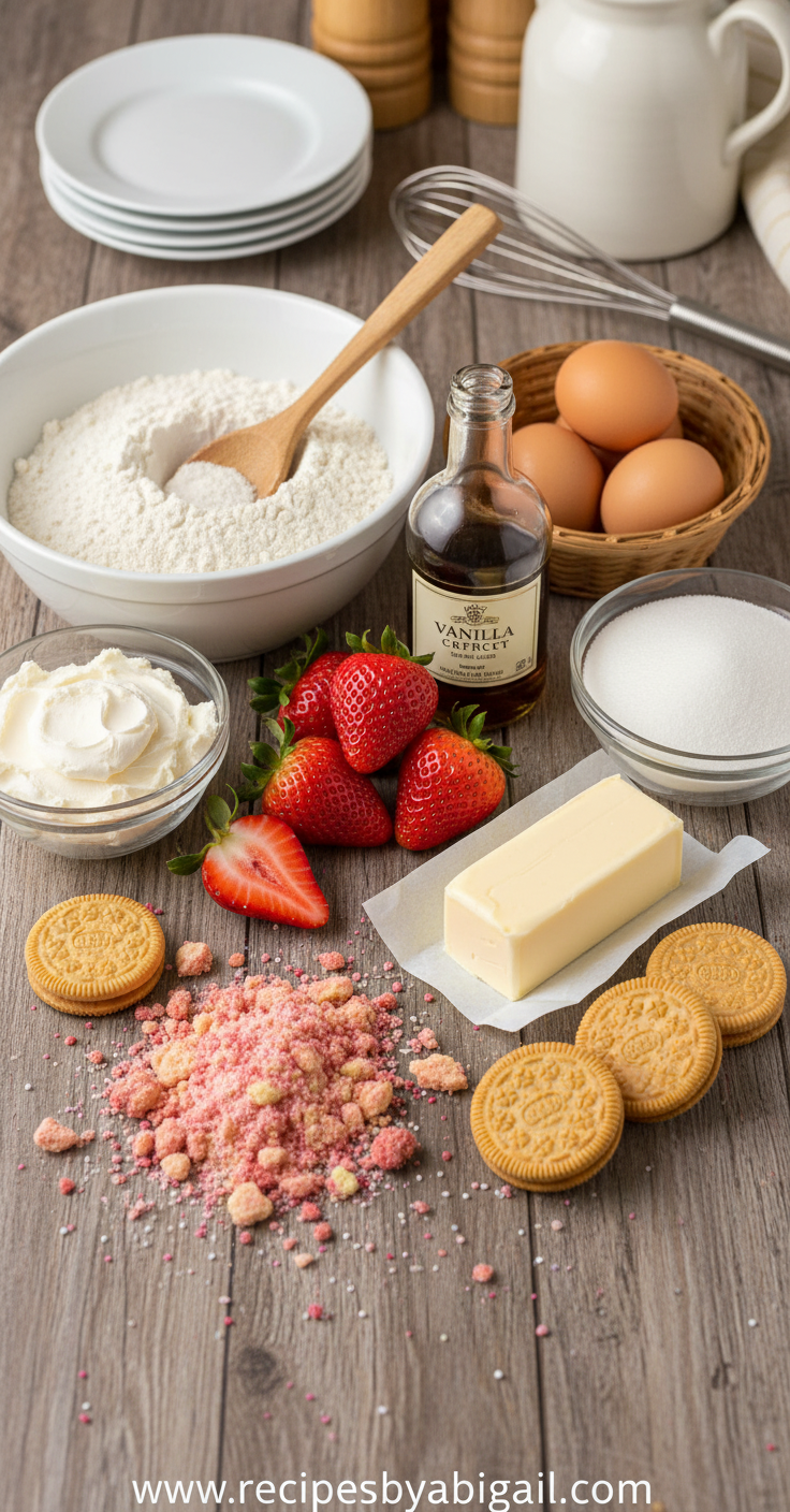 Ingredients for strawberry crunch cake displayed on kitchen counter