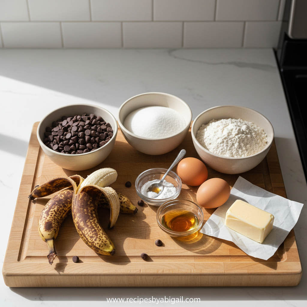 Ultimate Chocolate Chip Banana Bread: The Easiest, Most Moist Recipe Ever 2 Ingredients for banana bread including flour, sugar, chocolate chips, banana, and baking essentials