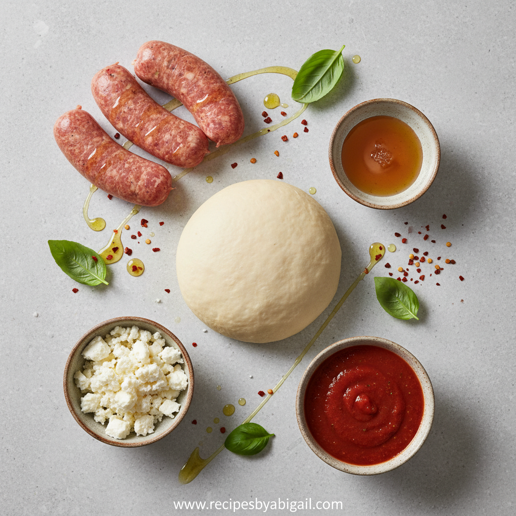 Gourmet Sweet & Spicy Sausage Pizza with Feta & Honey - Ultimate Dinner Party Recipe 2 Fresh ingredients for gourmet sausage pizza including sausage, feta cheese, honey, and pizza dough